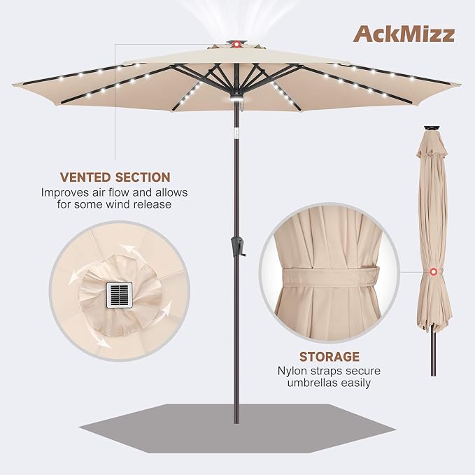 10ft Solar Umbrella Outdoor - Lighted Solar Patio Umbrella with 40 LED Lights Waterproof UV Protection, Table Umbrella with Tilt for Pool, Porch, Garden, Deck, Backyard (Beige)