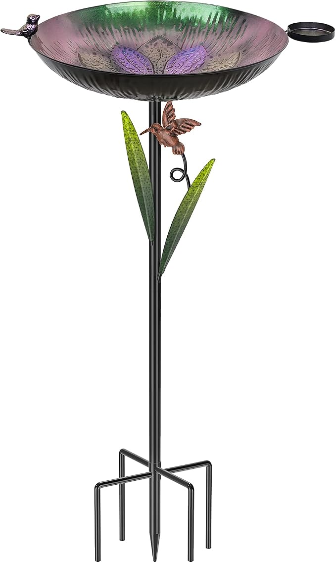 41.5" Metal Bird Bath for Outside, Detachable Birdbath Sturdy 5-Prong Stake Base with Bowl & Decorative Birds, Durable Iron Garden Birdbath & Feeder for Patio Wildlife Décor (Purple to Green)