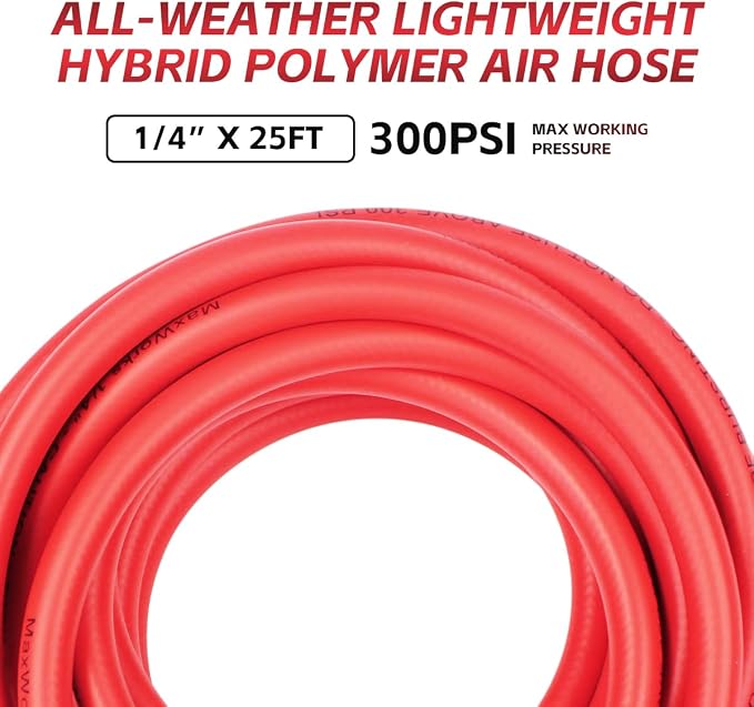 MaxWorks 80784 1/4" x 25ft Hybrid Polymer Air Hose – 300 PSI Maximum Working Pressure, All-Weather Flexibility, Lightweight, Non-Kinking, No-Memory Hose with Solid Brass Fittings