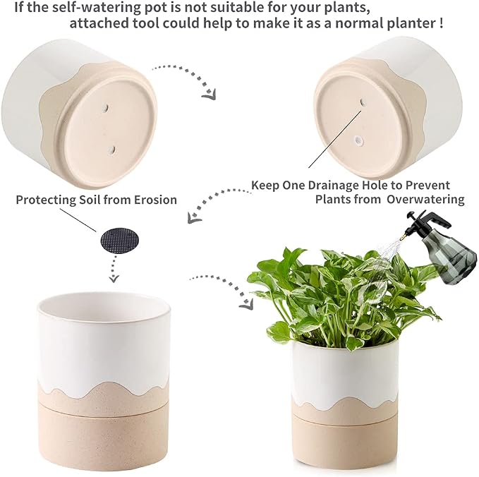Nihow Ceramic Self Watering Plant Pot for Indoor Plants, 6 Inch,Cream White | Planter with Cotton Wick, Drainage Hole & Water Storage Plus, Cylinder Round Flower Pot, For Succulent/Herbs/Violets