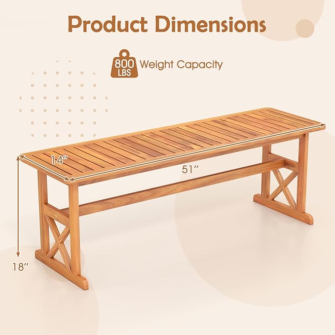 HAPPYGRILL Acacia Wood Outdoor Bench for 2-3 People, Patio Bench with Slatted Seat & X-Shaped Frame, for Porch Garden Backyard and Park (2)