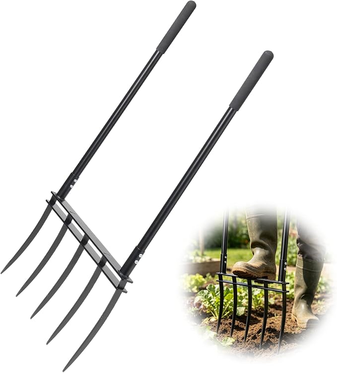 Broadfork Garden Tool, Heavy Duty 5-Tine Hand Tiller with 12" Sharp Tines and 2" Wide Foot Bar, Steel Soil Aerator Digging Fork for Loosening Compacted Soil, Garden Beds, Lawn and Yard