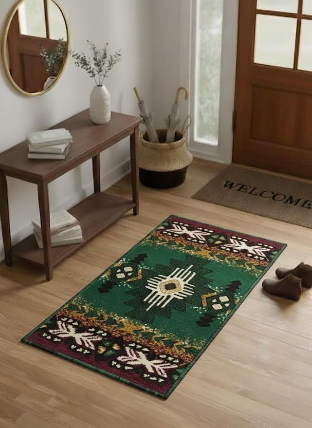 YHSF South West Native American Area Rug C318 - Easy Clean, Thick, Soft, Durable Native Tribal American Indian Inspired Rug for Bedroom/Living Room and More - Hunter Green, 16 Inches x 28 Inches