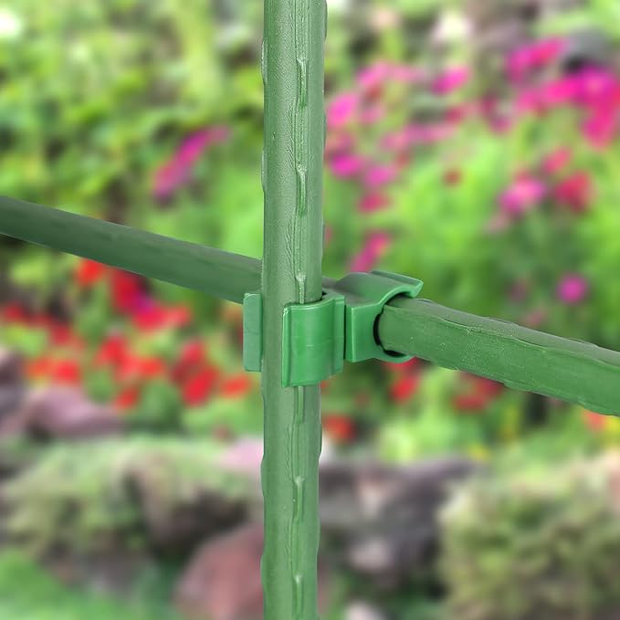 Garden Stakes 60 Pack, 16 Inch Each, DIY 3ft 4ft 5ft 6ft 7ft Sturdy Steel Plant Stakes with 50 Connectors, 30 Rotatable Clips, 10 A-Type Connecting Pipe and 164 Feet Twist Tie for Climbing Plants