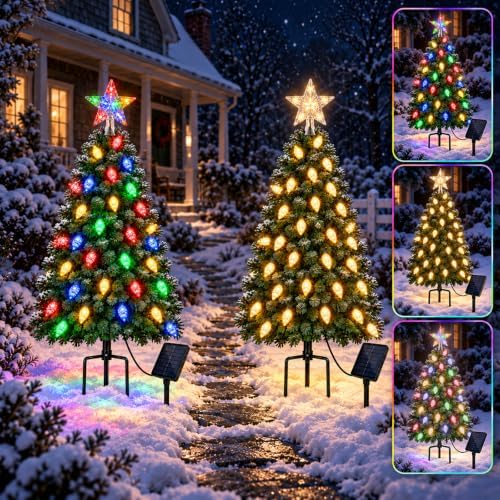 Solar Outdoor Lighted Christmas Tree 2 Pack 4FT, Warm White/Multi‑Color by HELESIN