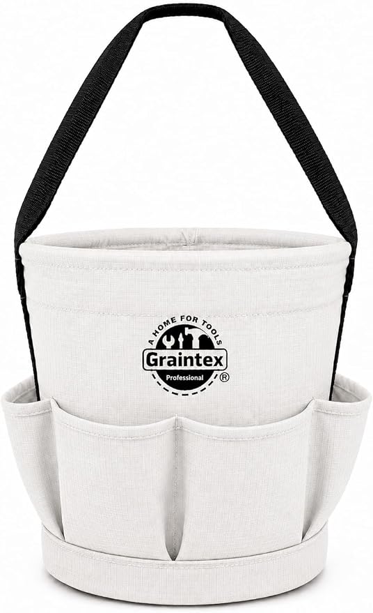 Graintex Tapered Canvas Bucket 12"x10"x15", Utility Tool Bucket 6 Pockets Outside, Reinforced Base & Carry Handle, Ripstop Canvas, Multi-Purpose Bag for Jobsite & Home Use (White)
