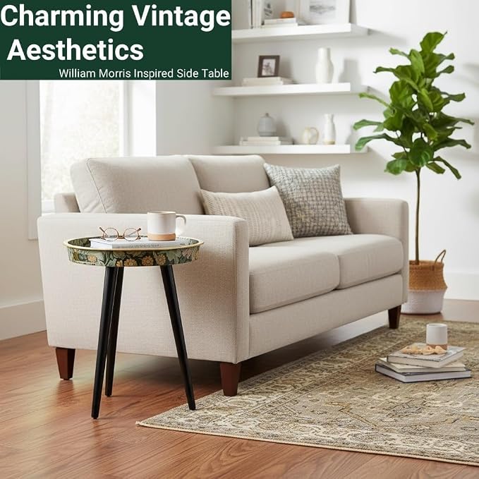Small Round Side Table Vintage Floral - 13" William Morris Pattern - Botanical Tripod Drink Table & Nightstand with Moisture-Resistant Wrapped Legs for Living Room, Bedroom, Corner