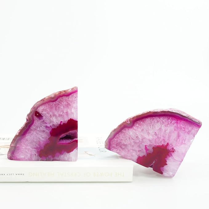 Natural Pink Dyed Agate Geode Bookends - 2 to 3 lb Heavy Duty Rock Crystal Stone Book Ends for Shelves, with Rubber Bumpers, Decorative Book Holders for Home Office
