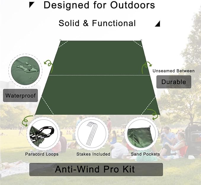 Outdoor Pocket Blanket, 55"x60" Waterproof Foldable Compact Small Picnic Blanket, Ultralight Tarp for Camping, Festival, Beach, Hiking, Backpacking, Travel, Stakes Included (Army Green)