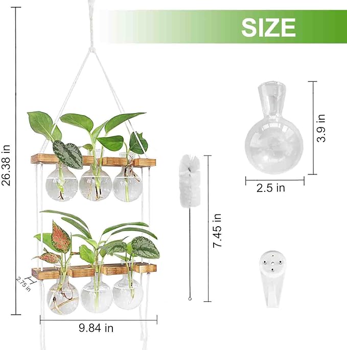 Renmxj Plant Propagation Station Wall Hanging with 2 Tiered Wooden Stand | Plant Terrarium for Hydroponics Plants, Unique Gardening Gifts for Women Mom Plants Lovers - 6 Bulb Glass Vases