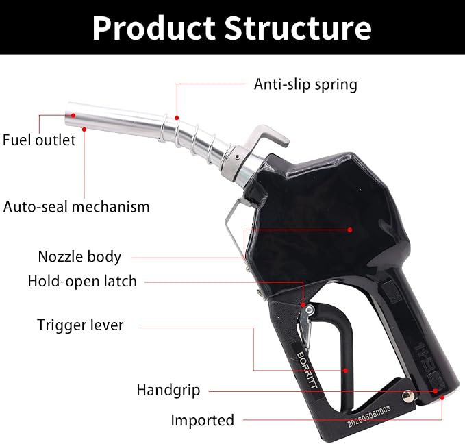3/4" Inch NPT Auto Fuel Nozzle Automatic Shut Off Pressure Sensitive W/360° Hose Swivel Gas Fuel Transfer Pump Nozzle,13/16" Spout,Copper Valve, 16 gpm Flow Rate for Diesel,asoline,Black+Hook