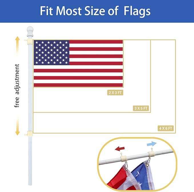 White Flag Pole for House with Holder Bracket,5-6ft Tangle Free Flag Poles for Outside House,Heavy Duty House Flag Pole Kit for 3x5 American Flags, Metal Flagpoles Residential for Outdoor Porch Garage