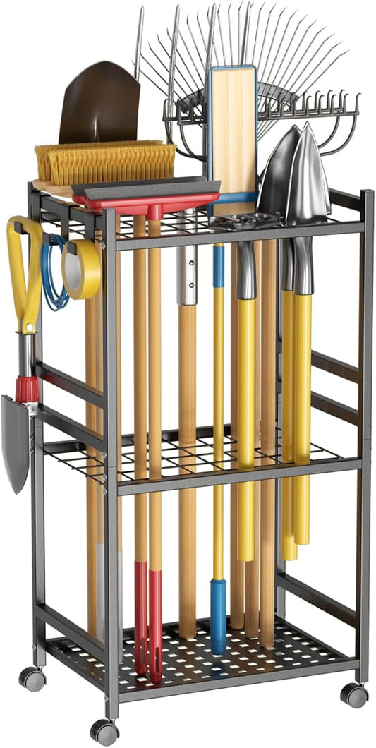 Garden Tool Organizer with Wheels, Heavy-Duty Yard Tool Rack with 3 Side Hooks, Holds Up to 40 Long-Handled Tools, Metal Garage Tool Storage for Lawn & Outdoor Organization