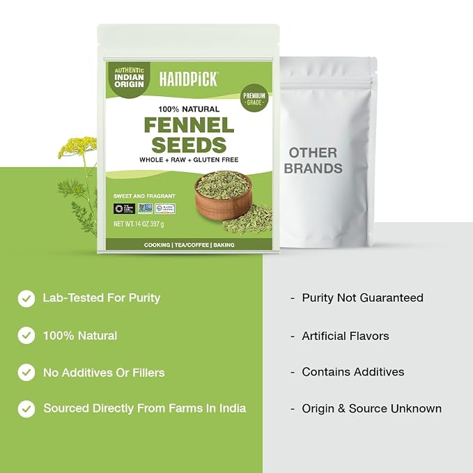 HANDPICK Fennel Seeds (397g/14oz) Tested for Quality | Raw Fennel Seed | Perfect for Cooking, Teas, Smoothies & Lattes | Bulk Whole Seeds in Resealable Zip Lock Pouch (Packaging may vary)