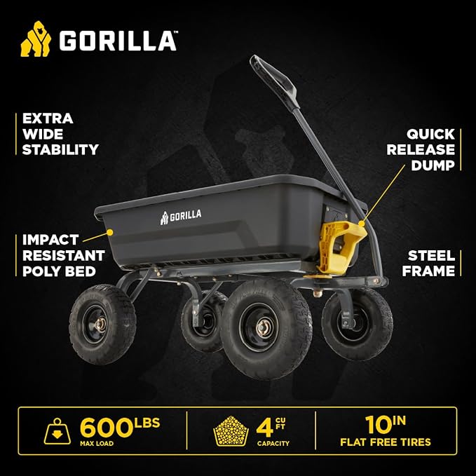 Gorilla Carts Heavy-Duty Dump Cart, Patented Quick-Release Dumping, Steel Frame, 600 lb Capacity, No-Flat 10-Inch Tires, Utility Wagon for Garden, Yard, Beach