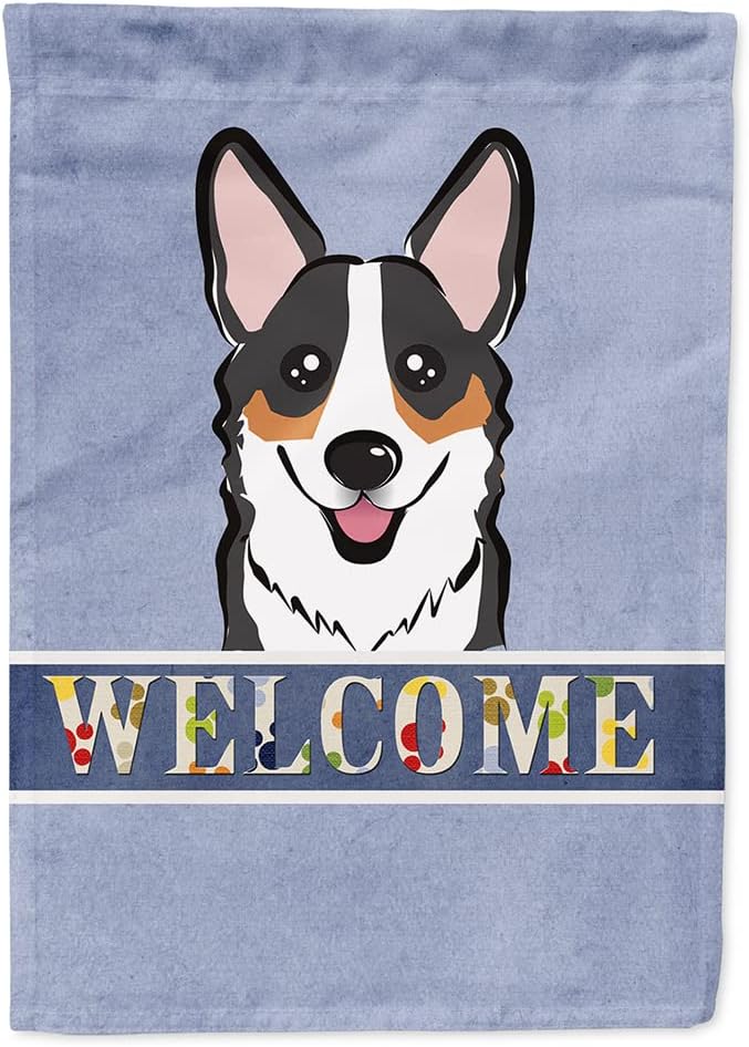 Caroline's Treasures BB1441CHF Tricolor Corgi Welcome House Flag, Blue Large Porch Sleeve Pole Decorative Outside Yard Banner Artwork Wall Hanging, Polyester, House Size, Multicolor