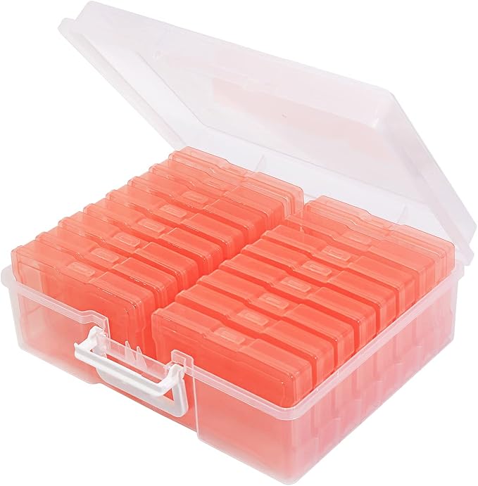 4" x 6" Photo Storage Case with Handle, 16 Inner Photo Organizer Keeper, Extra Large Storage Picture Boxes, Seed Storage, Transparent Craft Keeper (Orange)