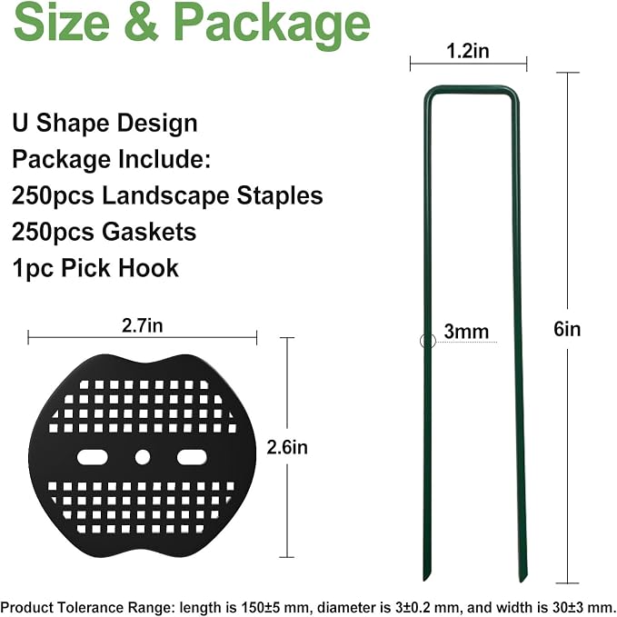 Landscape Staples 6Inch 250pcs Garden Stakes + 250pcs Gasket, Lawn Pins with Spray Coating Craft,11Gauge Anti-Rust Ground Yard Spikes Anchoring for Outdoor Tents Irrigation Hoses (Green)