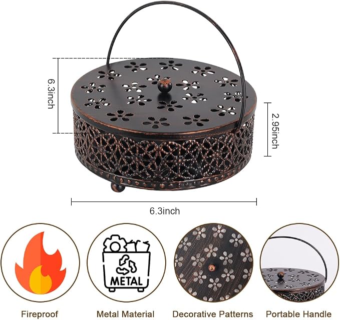 Portable Mosquito Coil Holder, hogardeck 6.3" Round Fireproof Metal Mosquito Incense Holder with Handle, Retro Hollow Incense Burner Yard Art for Lawn Garden Patio (Bronze, 1 Pack)