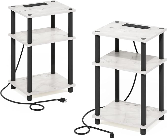 Furinno JUST Side Table Set of 2, 3-Tier Modern End Table with Charging Station, Open Shelf Night Stand, Bedside Table with USB and Type-C Port, for Living Room, Bedroom, Marble White