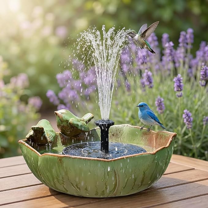Large Ceramic Bird Bath Bowl with Solar Powered Fountain, Solar Bird Bath Fountain for Outdoors, Hummingbird Solar Water Fountain for Bird Bath, Tabletop Garden Bird Bath for Patio Yard Outdoor Décor