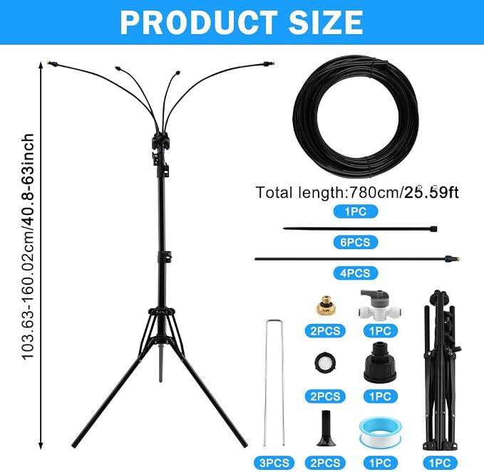 Stand Misters for Outside Patio, 40.55"-62.99" Adjustable Height Outdoor Stand Up System with 26FT Hose, Portable Water Misters for Mist Playing,Patio Cooling,Backyard,Sprinkler