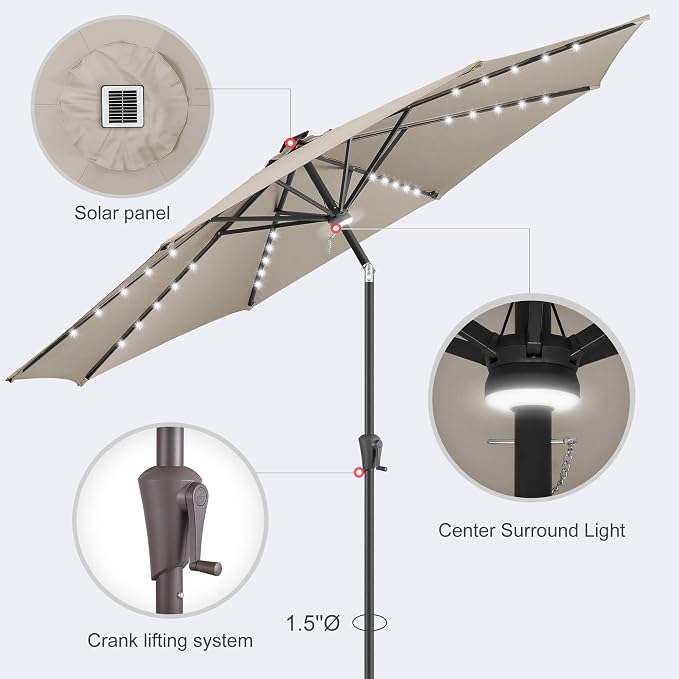 10FT Solar Umbrella Outdoor - Lighted Solar Patio Umbrella with 40 LED Lights Waterproof UV Protection, Table Umbrella with Tilt for Pool, Porch, Garden, Deck, Backyard (Taupe)