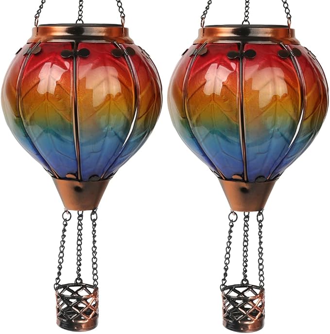 2PCS Solar Hot Air Balloon Flickering Flame Hanging Garden Light with Shepherd's Hooks, 18" H Waterproof Glass Outdoor Lantern for Yard Patio, Mother's Day Gift, Colorful-2PCS
