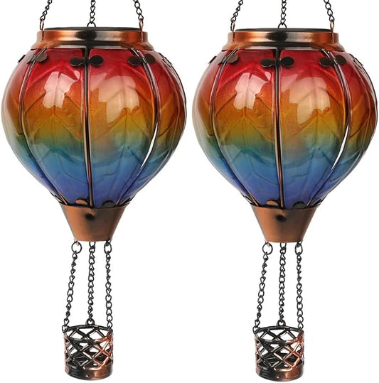 2PCS Solar Hot Air Balloon Flickering Flame Hanging Garden Light with Shepherd's Hooks, 18" H Waterproof Glass Outdoor Lantern for Yard Patio, Mother's Day Gift, Colorful-2PCS