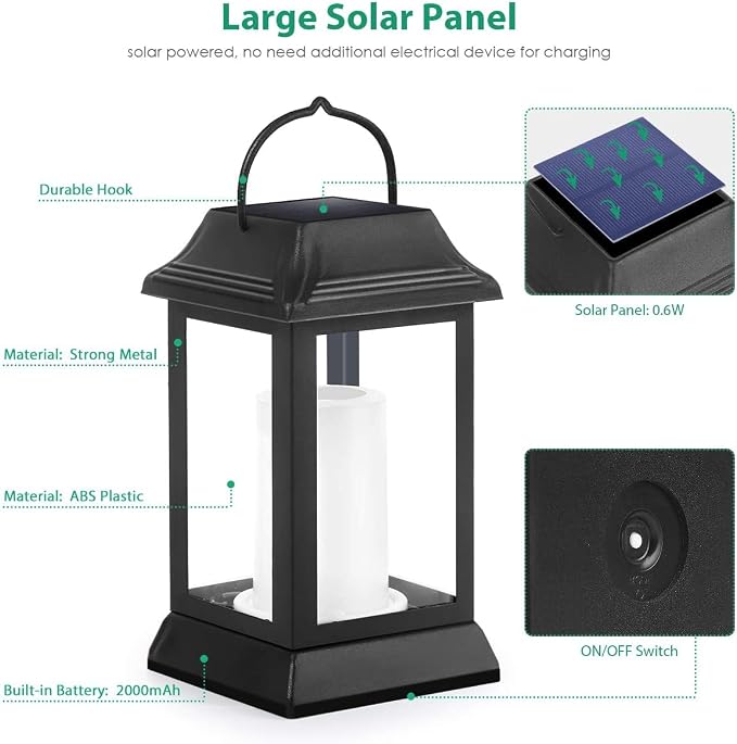 TomCare Solar Lights Metal Flickering Flame Solar Lantern Outdoor Hanging Lanterns Decorative Lighting Heavy Duty Solar Powered Waterproof Umbrella Lighting for Garden Yard Patio Deck, 2 Pack（Black）
