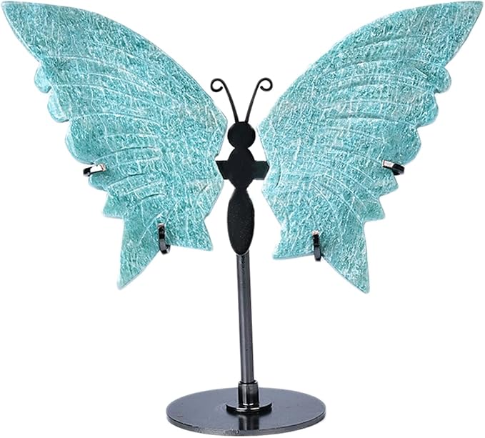 JIC Gem Natural Amazonite Stone Crystal Butterfly Art Wings Carving Craft Ornament Healing Crystal Stones with Display Stand Decoration Reiki Energy Balance (1pair, 10cm)