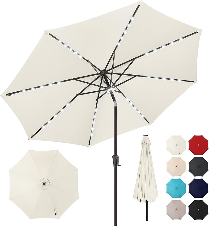 10FT Solar Umbrella Outdoor - Lighted Solar Patio Umbrella with 40 LED Lights Waterproof UV Protection, Table Umbrella with Tilt for Pool, Porch, Garden, Deck, Backyard (Ivory)