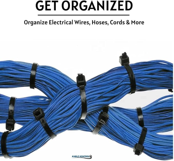 Kable Kontrol Black Zip Ties 8 Inch 100 Pcs, 75 Lbs Tensile Strength, Self-locking Nylon Cable Ties Wire Wraps for Indoor or Outdoor Use