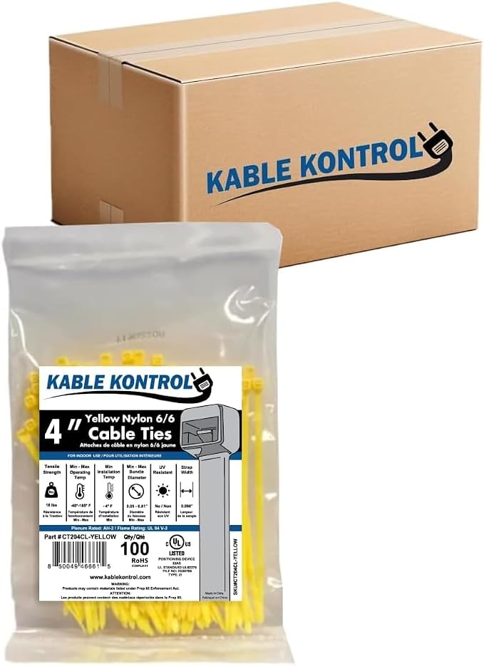 Kable Kontrol Yellow Zip Ties 4 Inch 40,000 Pcs, 18 Lbs Tensile Strength, Bulk Pack, Self-locking Nylon Colored Cable Ties Wire Wraps for Indoor or Outdoor Use
