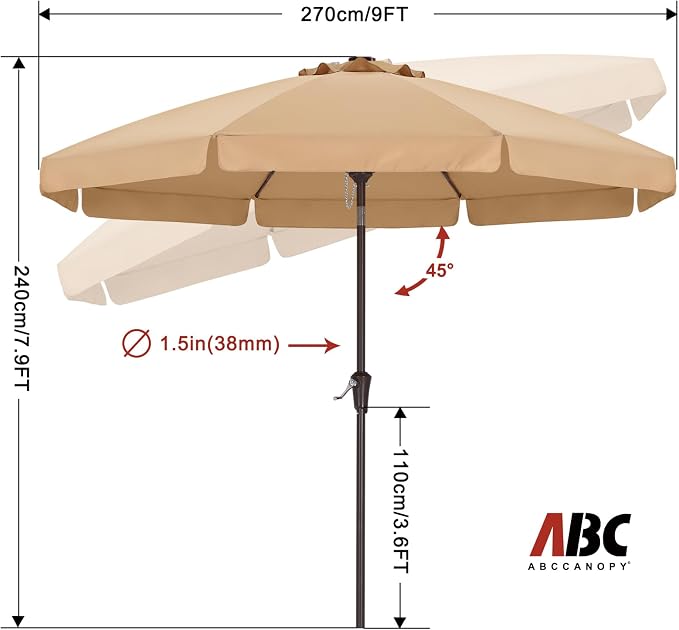 ABCCANOPY 9ft Scalloped Patio Umbrella, Outdoor Table Umbrella with Tilt and Crank, Fiberglass Ribs Deck Umbrella for Patio, Pool, Garden, Picnic (Tan)