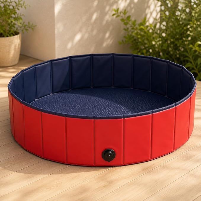 lionto Foldable Dog Pool Made of Scratch-Resistant PVC Material, Ø 31,5 in, Height 7,9 in, Anti-Slip Coating & Drain Plug for Quick Emptying, no Pump Required, Robust Children's Pool, Blue/red
