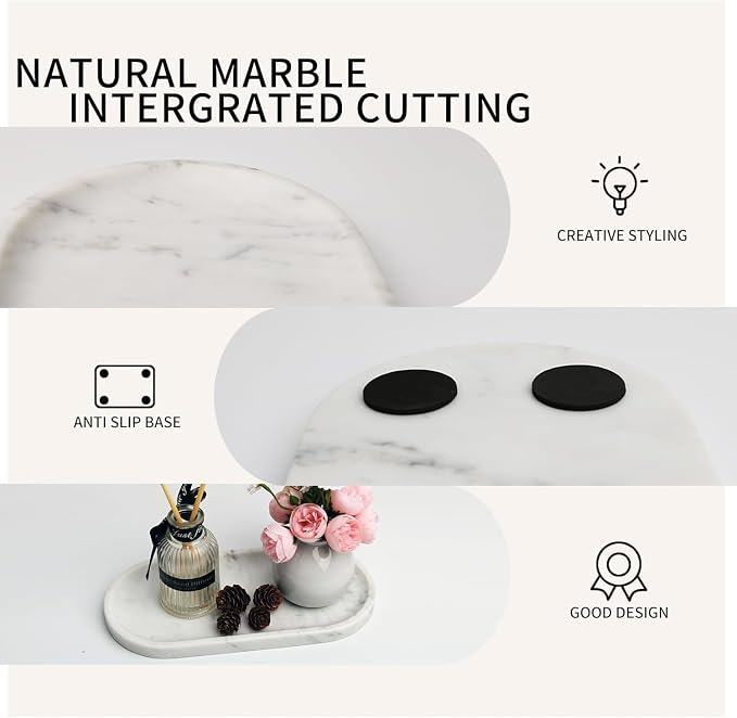 White Marble Vanity Tray for Bathroom Counter, 10"x5" Decorative Tray for Perfume, Candles, Stone Jewelry Dish Tray (White, 9.8X4.7)