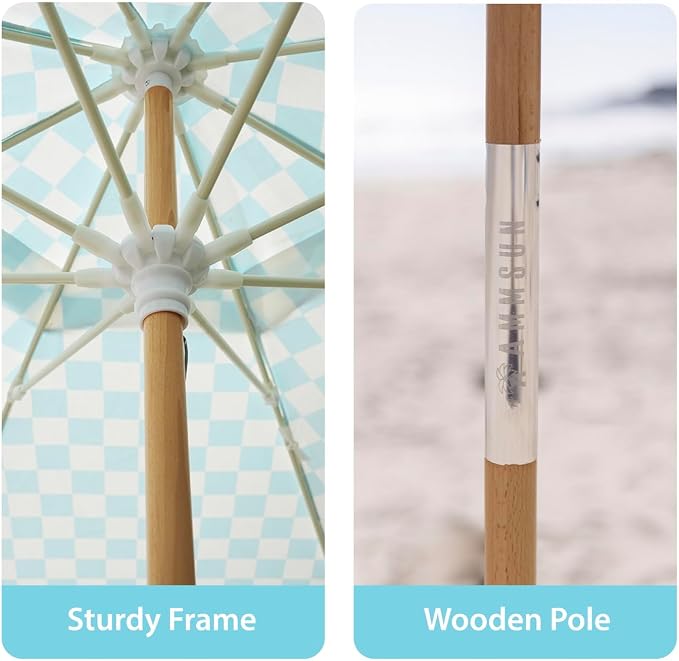 AMMSUN 7.8ft Outdoor Patio Umbrella, Boho Beach & Market Umbrella with UPF 50+ Water-Resistant Canvas, Ash Wood Pole, Air Vent and Carry Bag for Patios, Gardens, Decks and Poolside (Cyan Checker)