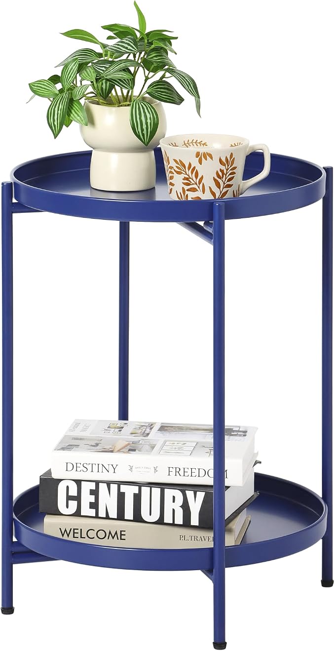 2-Tier Round End Side Table, Small Metal Side Table with Removable Tray, Folding Accent Tables for Living Room, Balcony, Nightstand for Bedroom, Outdoor Tables for Patio, Navy Blue