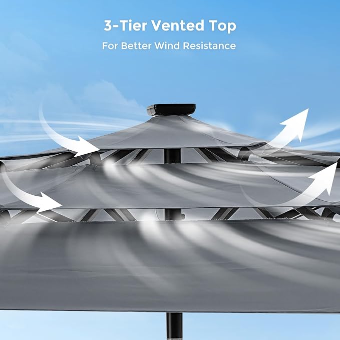 HOMSHADE 3-Tier Patio Umbrella with Solar Lights(Grey,No Base) | 5-Year Fade Resistant;32 LED Lights;Windproof;8 Thicker Ribs;UPF50+;Pool Garden Deck