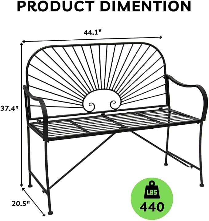 XBrand 44" L Iron Sun-Patterned Seat for Two, Patio & Porch Furniture for Park, Yard, Lawn, Balcony, Backyard – Black