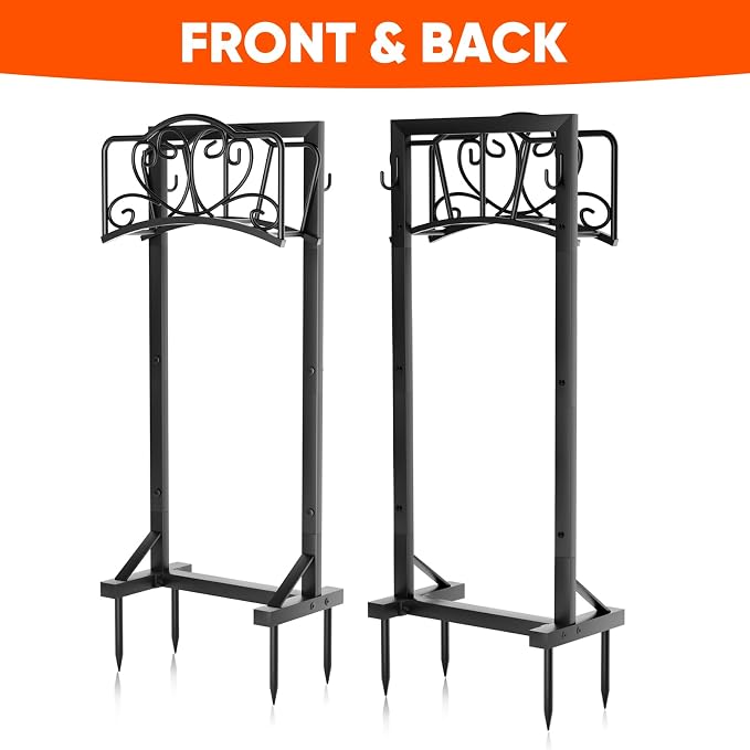 Garden Hose Holder with Tool Hooks and Stable Base, Heavy-Duty Garden Hose Storage Metal Hose Hanger Holds 160Ft, Rustproof Freestanding Water Hose Holder for Outside, Yard, Lawn, Farm, Black