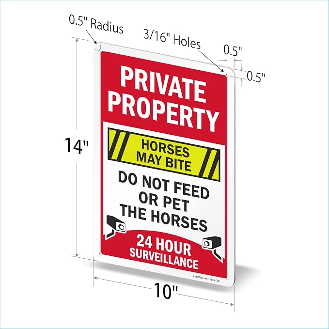 SmartSign 14 x 10 inch “Private Property - Horses May Bite, Do Not Feed Or Pet The Horses, 24 Hour Surveillance” Metal Sign, 40 mil Laminated Rustproof Aluminum, Multicolor, Made in USA