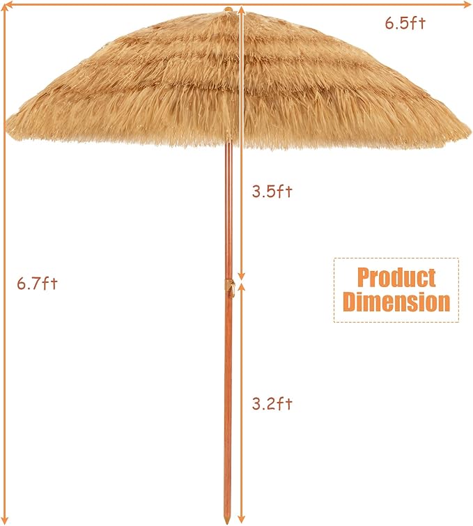 Giantex Thatched Tiki Umbrella, Hawaiian Style Patio Grass Umbrella with 8 Ribs & Tilt Adjustment, Outdoor Portable Beach Sunshade for Yard, Garden & Poolside