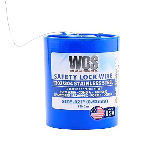 WCS .021 Stainless Steel Safety Lock Wire, T302/304, NASM20995C MS20995C, ASTM A580 Condition A, AMS569, Mechanics Wire for Aircraft, Automotive, & Industrial Use, 1lb Dispenser Can, Approx 840 ft