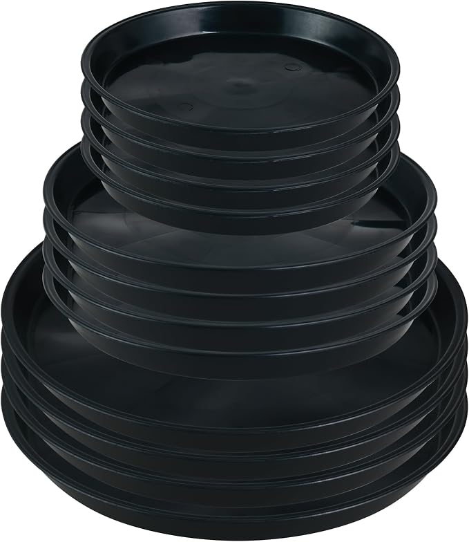 12 Pack 7.5/9/11.5 Inch Plant Saucers for Indoors Outdoors Plastic Plant Water Catcher Trays No Holes Round Flower Pot Drip Trays, Heavy Duty Plant Pot Saucers Water Drainage Trays, Black