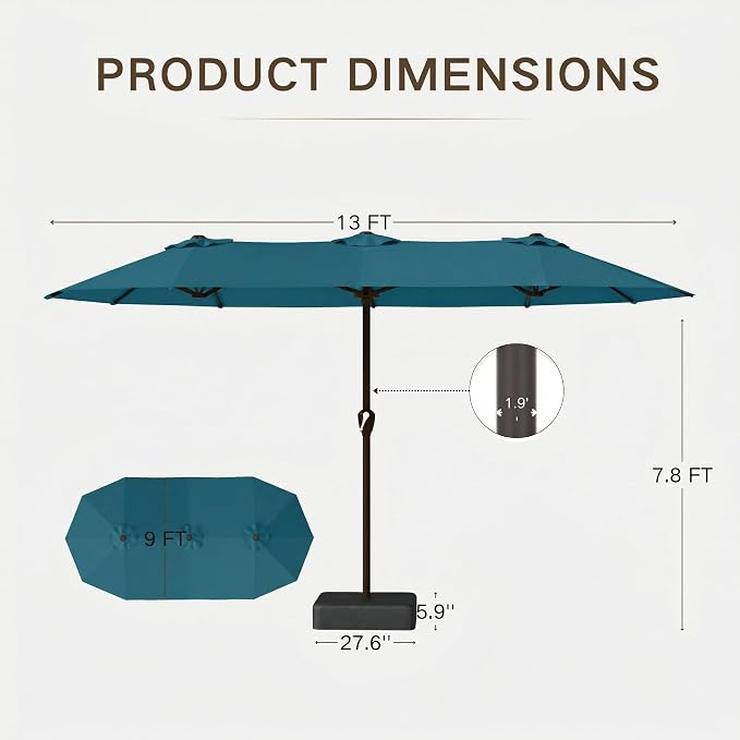 Kingdura 13ft Large Patio Umbrella with Base Included, Double-Sided Rectangle Outdoor Table Umbrella with 12 Reinforced Ribs, Crank Lift for Market Pool Deck Backyard, Lake blue