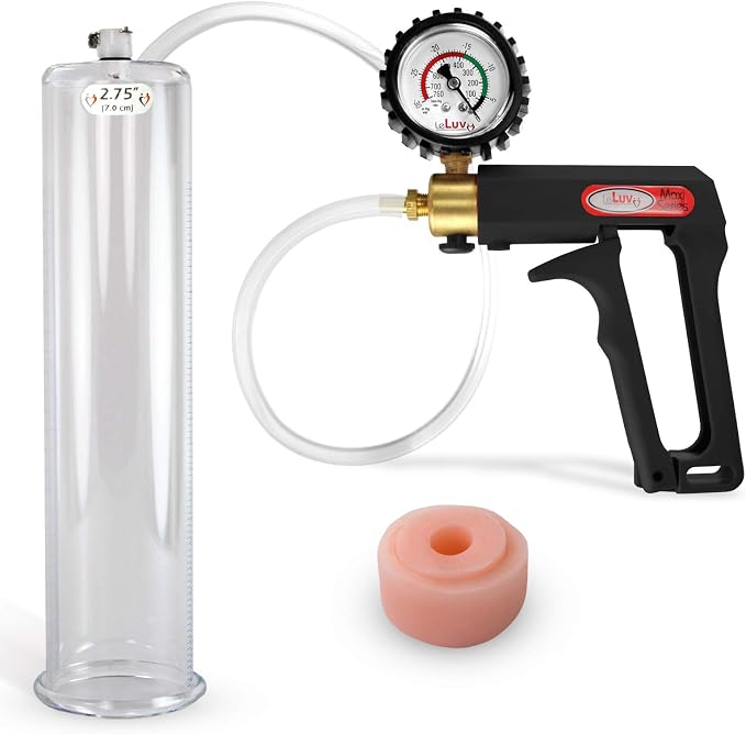 LeLuv Penis Pump Maxi Black Handle + Protected Gauge - Bundle with Clear Hose, Silicone Donut Seal - 12 inch Length x 2.75 inch Diameter Cylinder