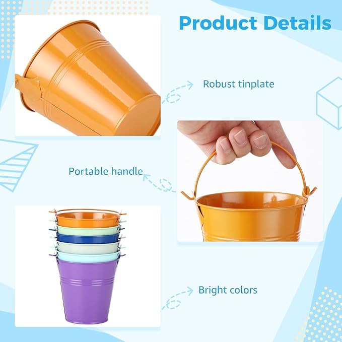 24 Pcs Small Metal Buckets with Handle, 3.9 in Multicolor Mini Buckets Party Favors, Tinplate Iron Buckets for Party Decoration, Wedding Favors, DIY Flower Pots