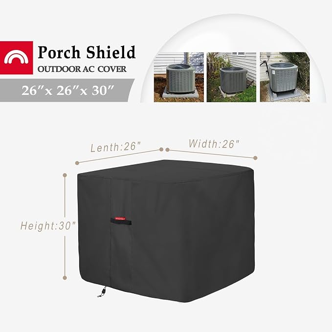 Porch Shield Waterproof AC Covers – Heavy Duty Square Air Conditioner Cover for Outside Unit Up to 26''L x 26'' x 30'', Black